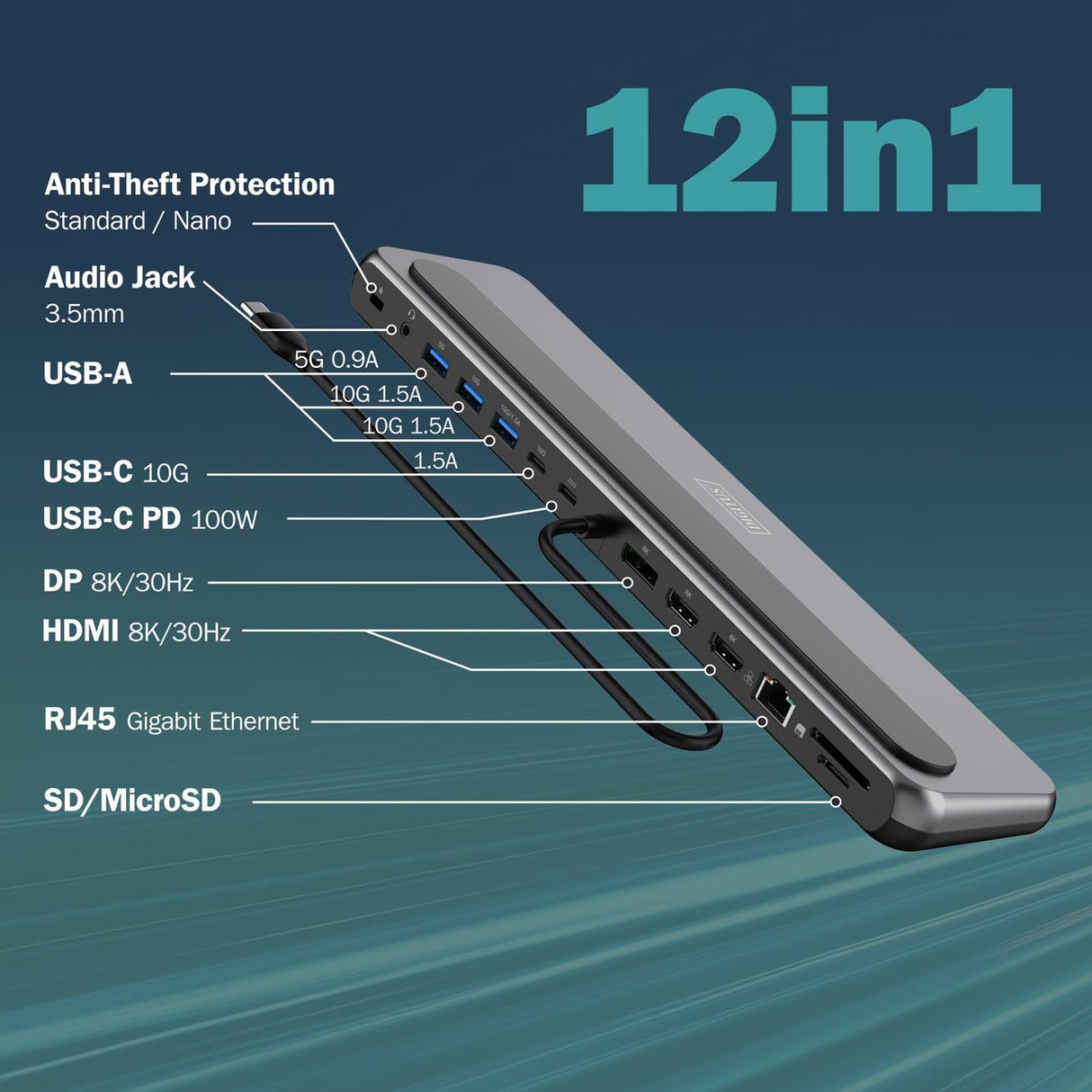 DIGITUS Docking Station – 12 Puertos – 2X HDMI, 1x Displayport 8k 30Hz – 2X USB-A 3.2 Gen2, 1x Tipo A 3.2 Gen1, 1x USB-C 3.2 Gen2 – 1x RJ45 – Lector de Tarjetas SD MicroSD – Conector de 3,5 mm – Gris