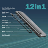DIGITUS Docking Station – 12 Puertos – 2X HDMI, 1x Displayport 8k 30Hz – 2X USB-A 3.2 Gen2, 1x Tipo A 3.2 Gen1, 1x USB-C 3.2 Gen2 – 1x RJ45 – Lector de Tarjetas SD MicroSD – Conector de 3,5 mm – Gris