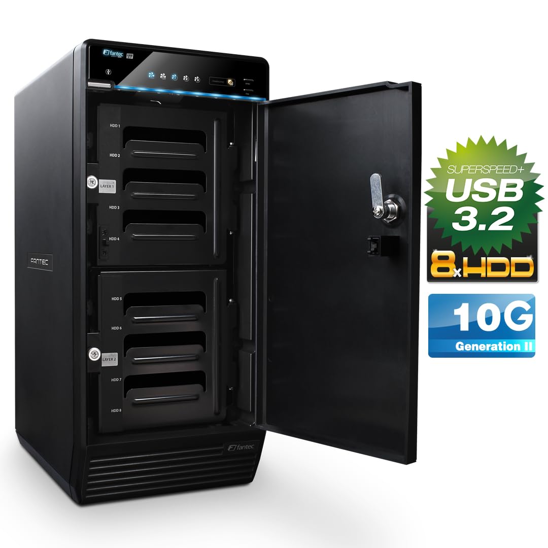 FANTEC 8X Hard Drive Enclosure USB-C 3.1 Gen2 10G for The Installation of 8X 3.5/2.5 Inch SATA I/II/III HDDs/SSDs. Automatic Fan with Internal Temperature Sensor, Lockable Metal housing, Black