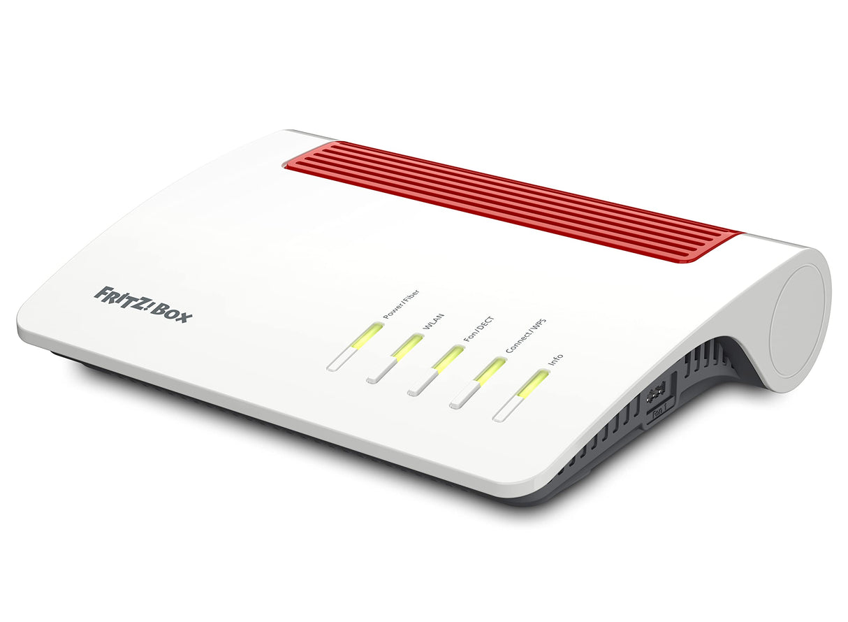 Fritz!Box 5590 Fiber (Wi-Fi 6 Módem de Fibra óptica (Wi-Fi AX), hasta 2400 Mbps (5 GHz) y 1200 Mbps (2,4 GHz), Wi-Fi Mesh, Base DECT, Puerto de 2,5 Gigabit, Blanco, Adecuado para Alemania)