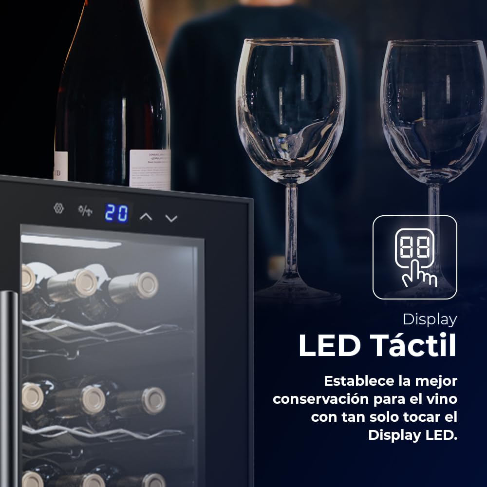 SVAN Vinoteca 36 Botellas Negro SVN3600D2. 60W, Display LED táctil, Pantalla Digital Exterior, 12 Rejillas Metálicas, Clase de Eficiencia Enérgetica G