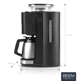 BEEM Cafetera de filtro Fresh Aroma-PERFECT III con mecanismo de molienda, térmica, de acero inoxidable, jarra aislante, mecanismo cónico y Aroma-Plus, filtro permanente, temporizador 24 h, 10 tazas