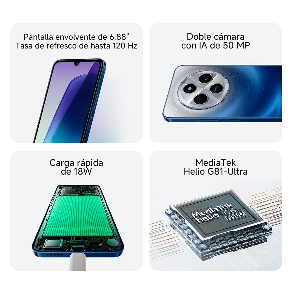 XIAOMI Redmi 14C - Smartphone de 8+256GB, Pantalla de 6.88” 120Hz LCD HD+, MediaTek Helio G81 Ultra, cámara Dual con IA de 50MP, 5160mAh, NFC, Verde (Versión ES)