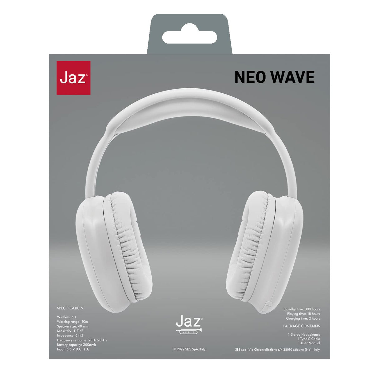 JAZ SBS Neo Wave - Auriculares inalámbricos con Almohadillas y Diadema Acolchada, Cable de Carga USB C Incluido, 18 Horas de Uso consecutivo, Color Blanco, uno