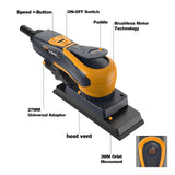 MAXXT Lijadora orbital 3.0 sin escobillas 350W, velocidad ajustable 4000-10000/RPM, freno automático 2s, recogida automática de polvo, superficie de lijado 198x70mm, 10 hojas abrasivas