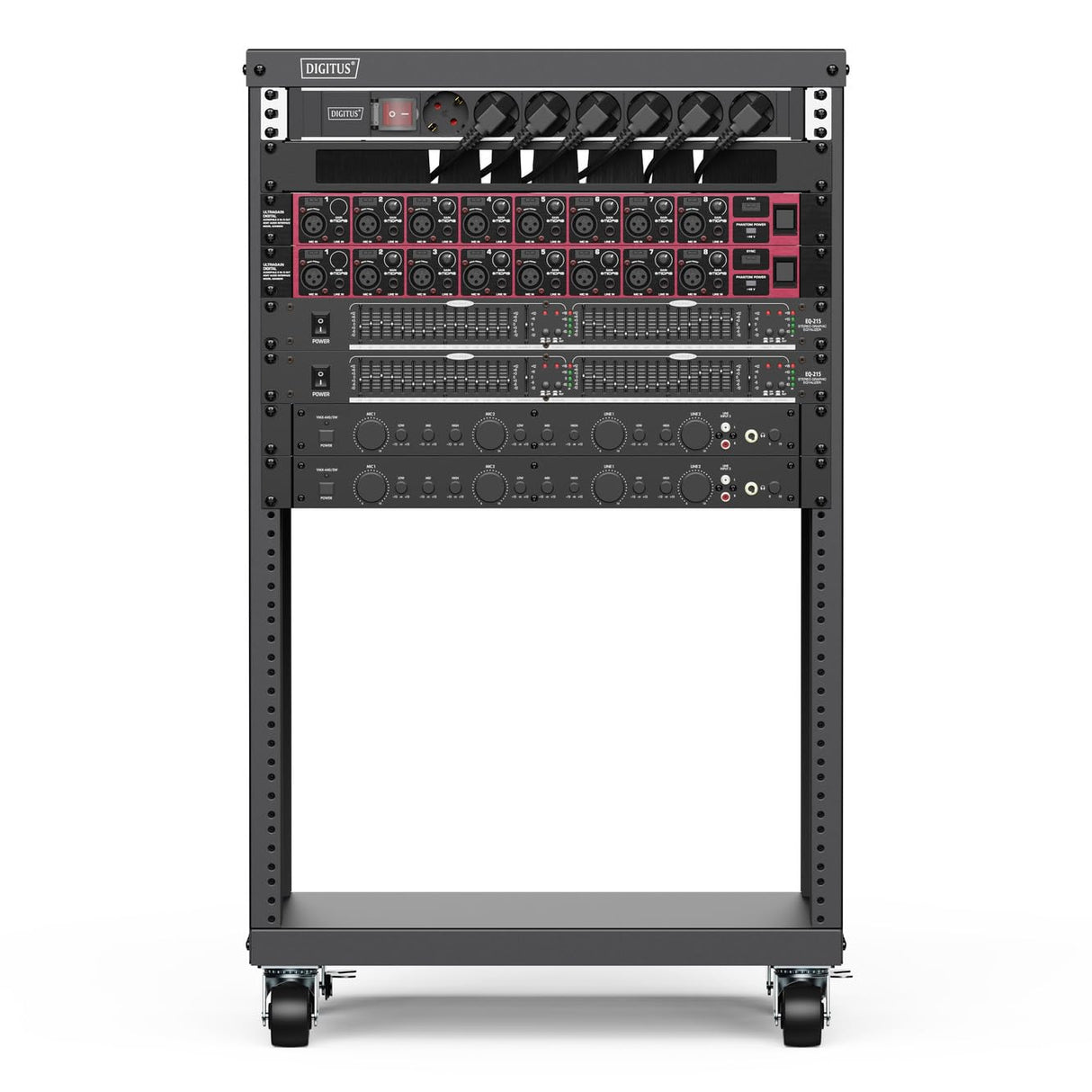 DIGITUS DN-48001 - Rack de Audio - 19 Pulgadas - 16U - Rack de Equipo Universal - para Accesorios de Audio y vídeo - Sin Montar - Carga máxima 136 kg - con Ruedas - Negro