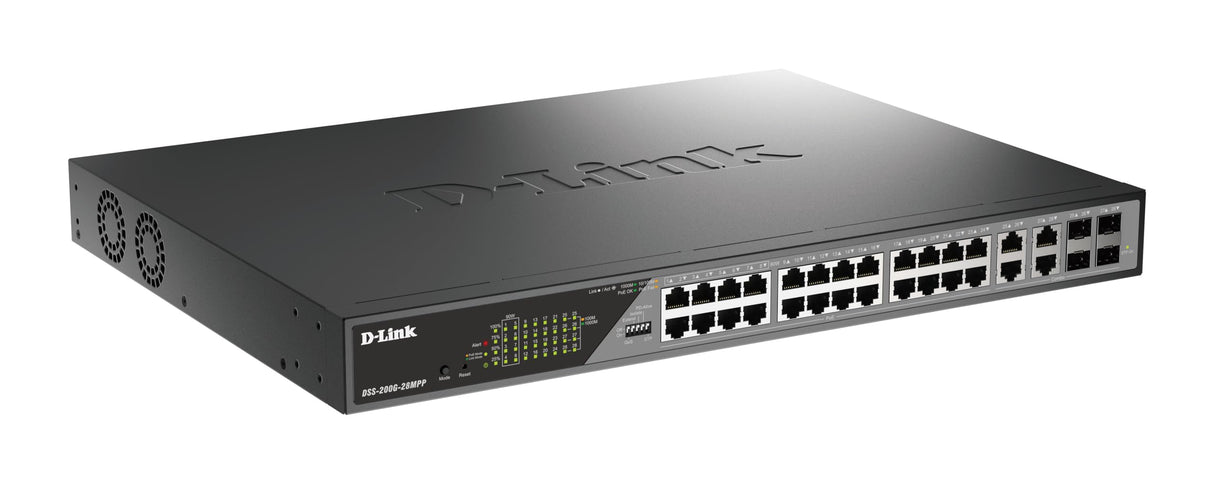 D-Link Switch Smart 28 Puertos Gigabit PoE (24 x 1000Base-T y 2 x SFP Gigabit), PoE++, Long Range PoE (hasta 250m), 518W PoE Budget, Interfaz Web dedicada a videovigilancia IP, VLAN, QoS, ERPS, ONVIF