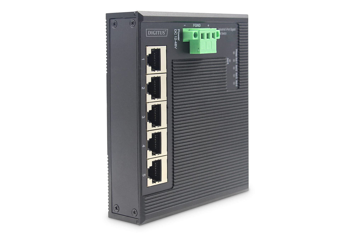 DIGITUS Conmutador de Red Plano - 5 Puertos Gigabit Ethernet - Montaje en Carril DIN - Bloque de terminales - Sin Ventilador - Negro/Azul