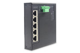 DIGITUS Conmutador de Red Plano - 5 Puertos Gigabit Ethernet - Montaje en Carril DIN - Bloque de terminales - Sin Ventilador - Negro/Azul