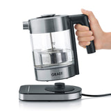 Hervidor de agua de cristal GRAEF WK350, 1 litro, diseño de alta calidad, cristal Schott Duran, acero inoxidable, ajuste de temperatura, colador de té, iluminación LED, base de 360°, función de
