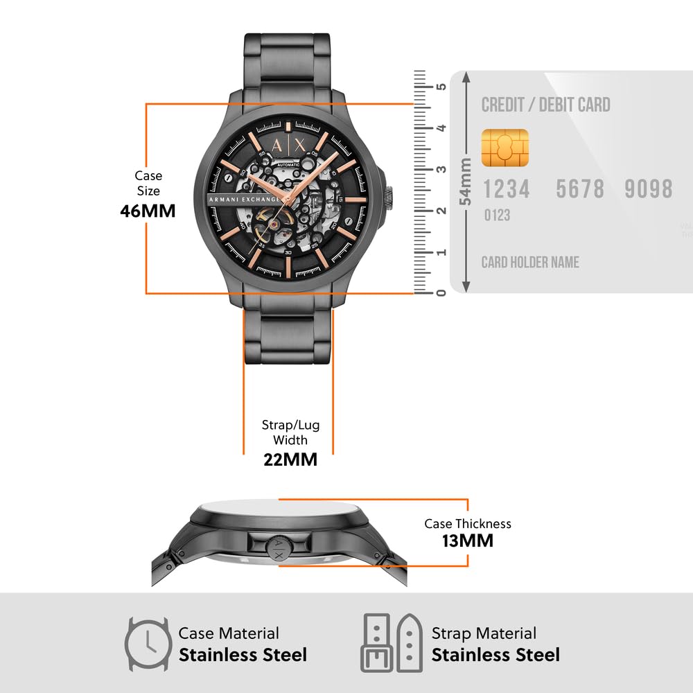 Armani Exchange Orologio da uomo, Movimento automatico a tre lancette e cassa da 46 mm con cinturino in Acciaio inossidabile, Carbón