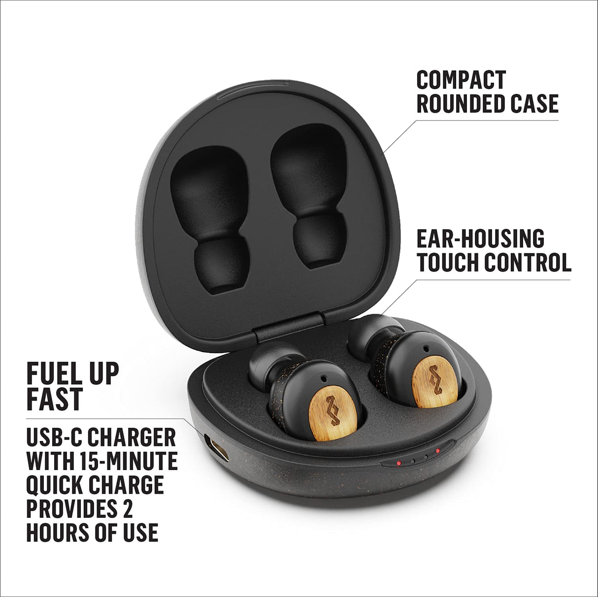 Marley House of Champion True - Auriculares compactos con Bluetooth 5.0 (hasta 28 Horas de Tiempo de Juego, Incluye cómodos geles para los oídos, diseño de bambú ecológico) Color Negro