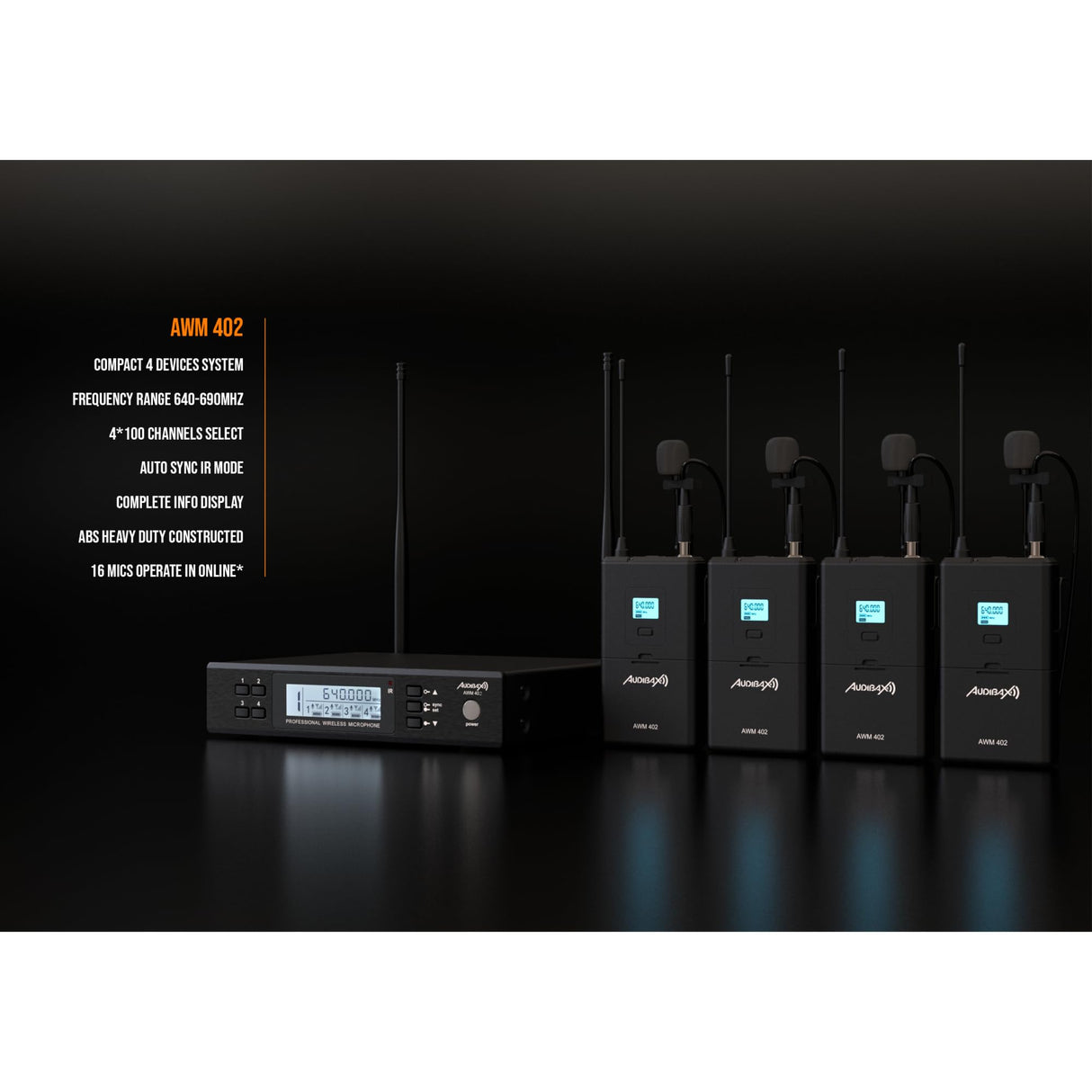 Audibax AWM 402 Sistema Inalámbrico Micrófono Lavalier de 4 Canales UHF