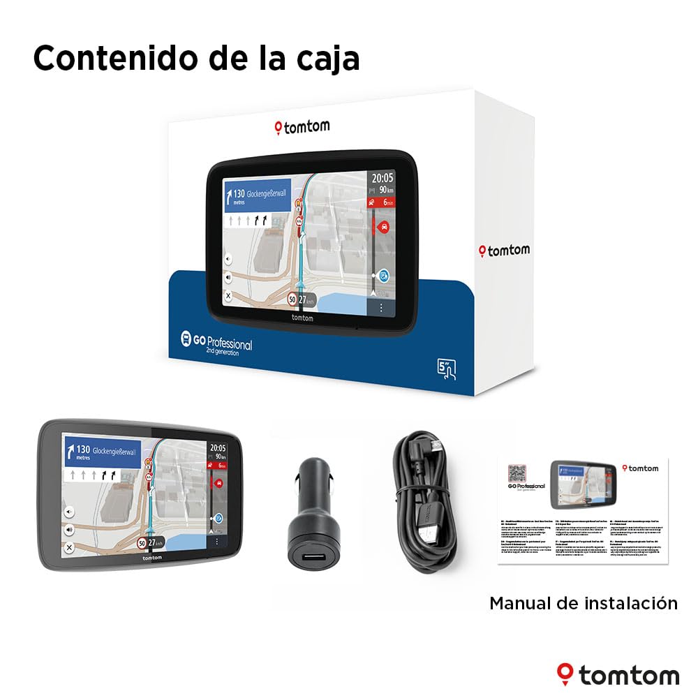 TomTom navegador para camion GO Professional 2.ª generación (con pantalla táctil capacitiva de 5" y mapas de Europa, información de tráfico a tiempo real.Ideal para camiones,buses y vehículos grandes)