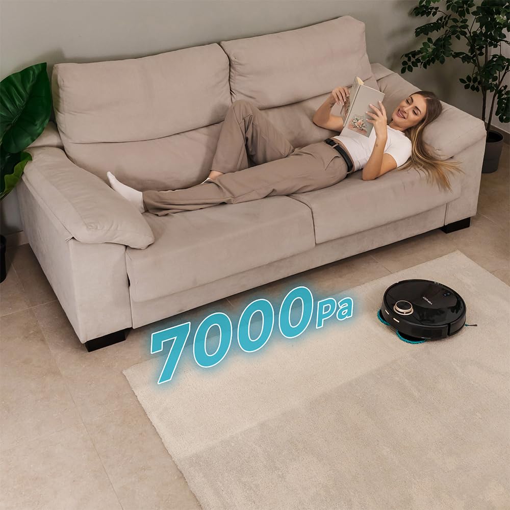 Cecotec Robot Aspirador Autovaciado y Mopas Giratorias Conga 13090 Spin Revolution Home&Wash Essential. 7000Pa, Tecnología Láser, Cepillo de Silicona y Lateral, App, Bluetooth y WiFi 2,4GHz, 5GHz