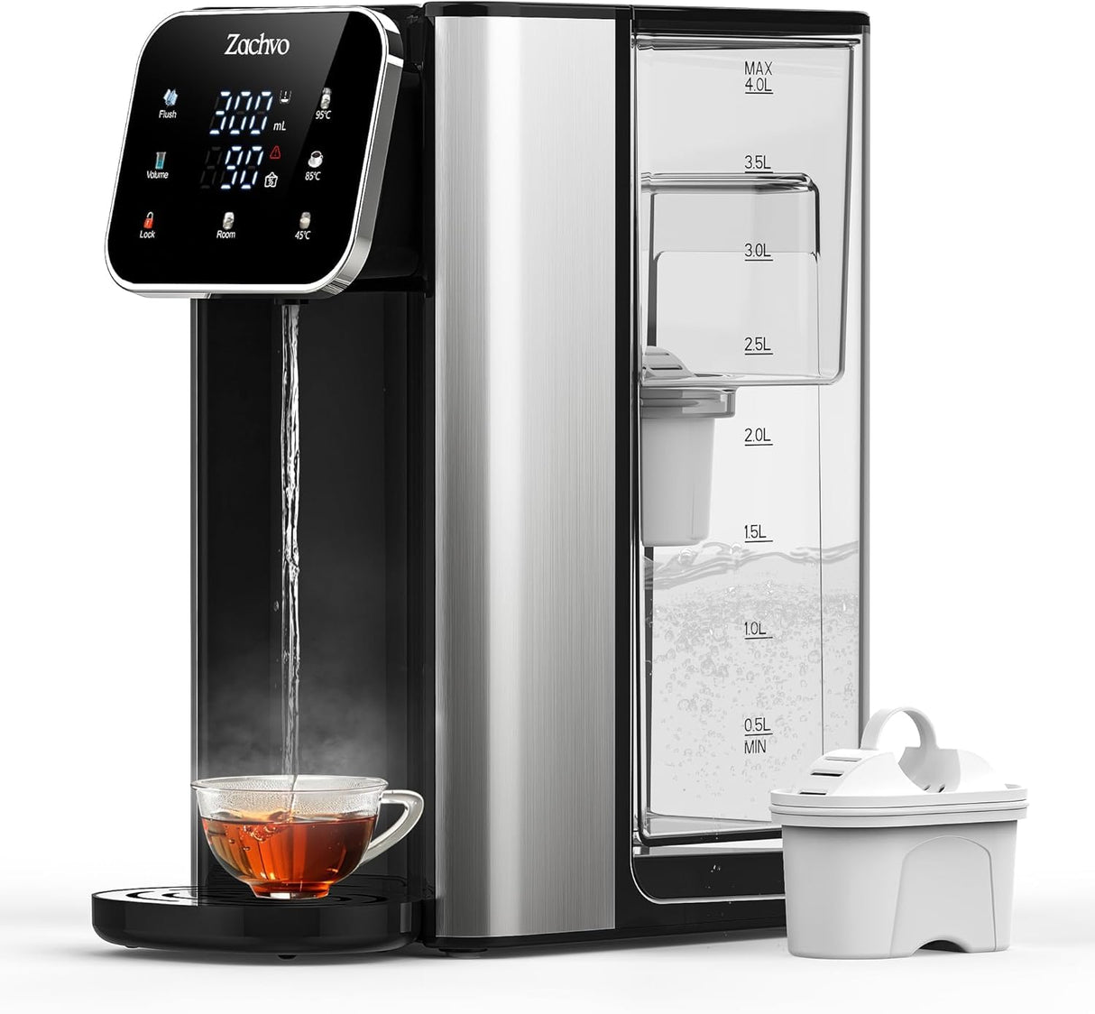 ZACHVO Dispensador de Agua Caliente UR05-2200W Agua Caliente en Segundos, 4 Niveles de Temperatura y 3 Cantidades de Agua, Depósito de 4L, Compacto, Filtro de Carbón Activo, para Cocina y Oficina