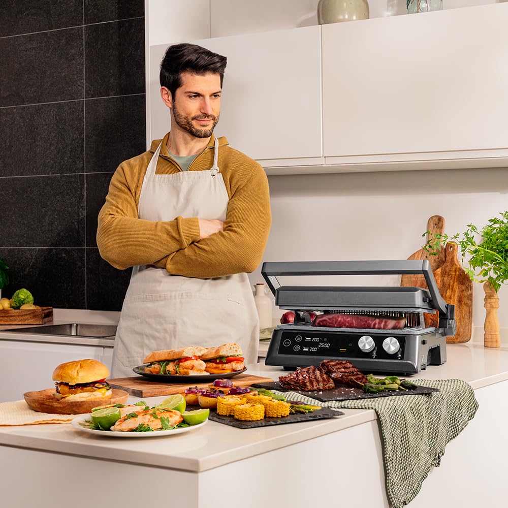 Cecotec Parrilla Eléctrica con Placas Desmontables Rockn'Grill Bistro. 2400W, Cocción sin Humo y Saludable, Control Táctil, Placas con Temperatura Independiente, Incluye Sonda de Temperatura