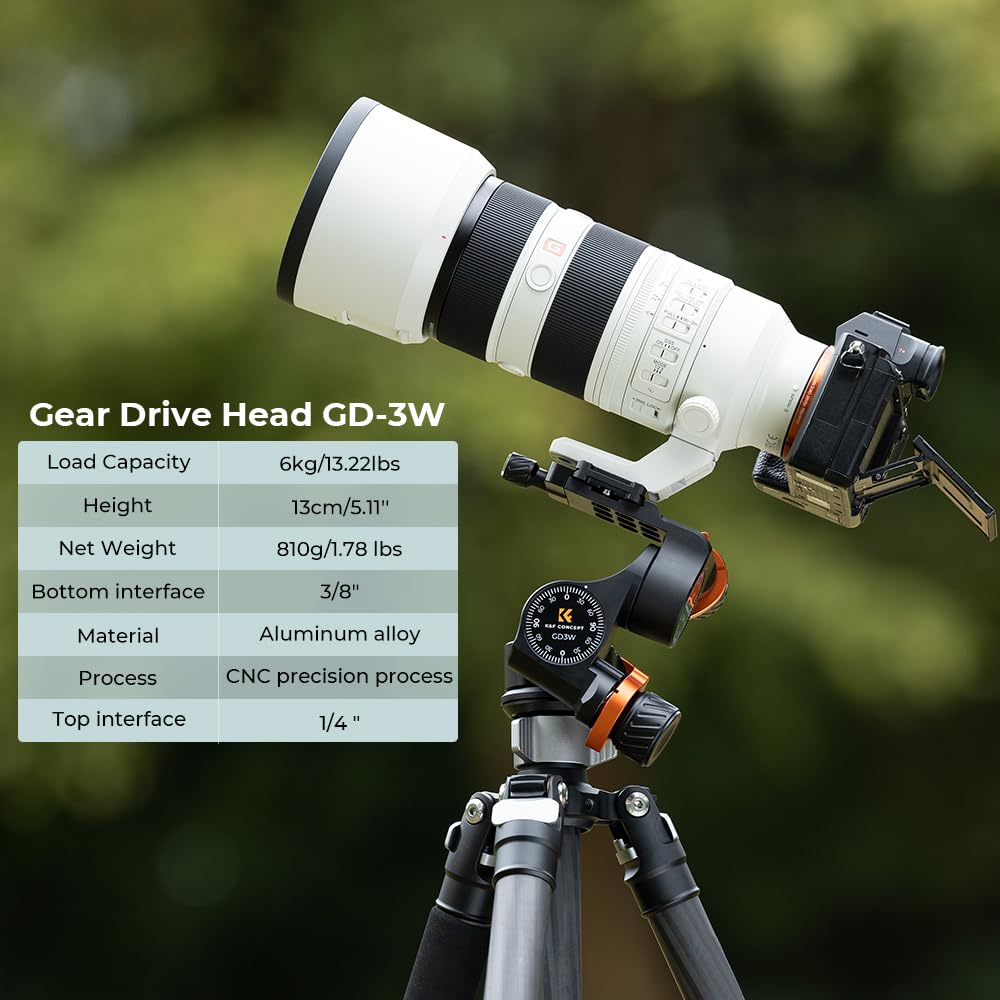 K&F Concept GD-3W Geared Tripod Head, Cabezal de 3 Vías para Trípodes,Cabezal de CNC Process Aluminio para Videocámaras,Equipamiento de Fotografía y Cámara,Creación de Contenidos,Vlogging Carga 6KG