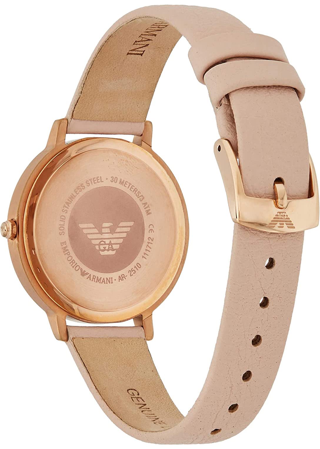 Emporio Armani Reloj de señora, movimiento de dos manecillas, caja de acero rosa dorado de 32 mm con correa de piel, AR2510, Rosa claro y blanco roto