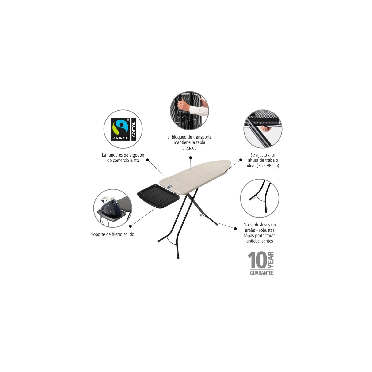 Tabla de planchar Brabantia C, 124x45cm - Denim Grey | 100% algodón Comercio Justo | Tabla de planchar estable y grande | Plegable, altura ajustable, soporte plancha vapor | Cert. Comercio Justo y C2C
