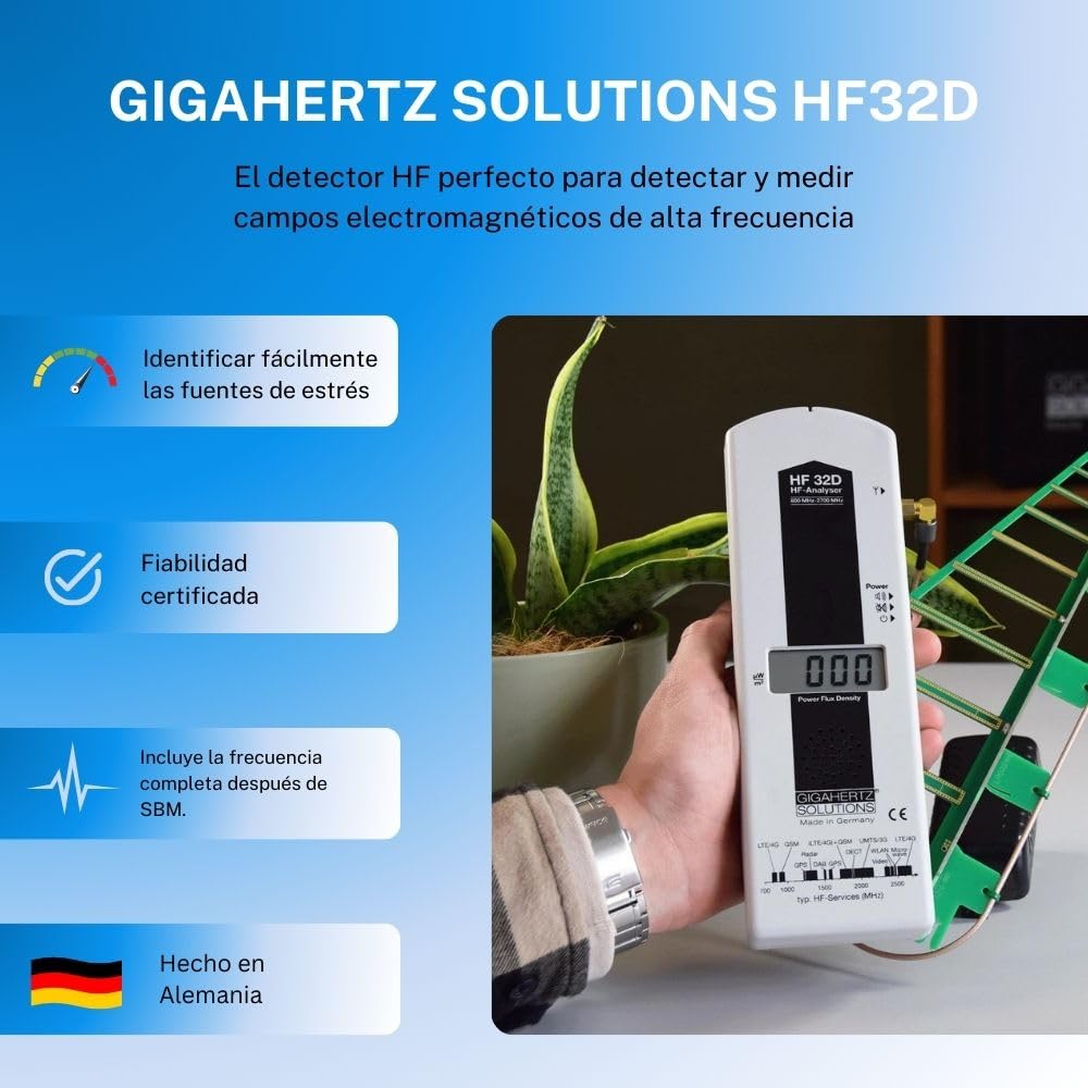 Gigahertz Solutions HF32D - Medidor de campo electromagnético (alta frecuencia, 800 MHz - 2.5 GHz, incluye telefonía móvil GSM)