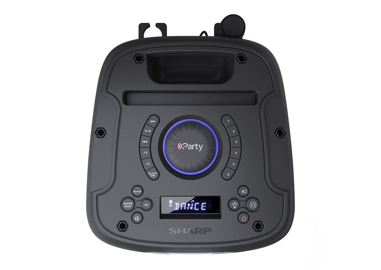 Sharp PS-949 Xparty Street Altavoz Portátil, Bluetooth, a Prueba de Salpicaduras, con Efectos de Luces, Efectos de DJ y Micrófono Incluido.
