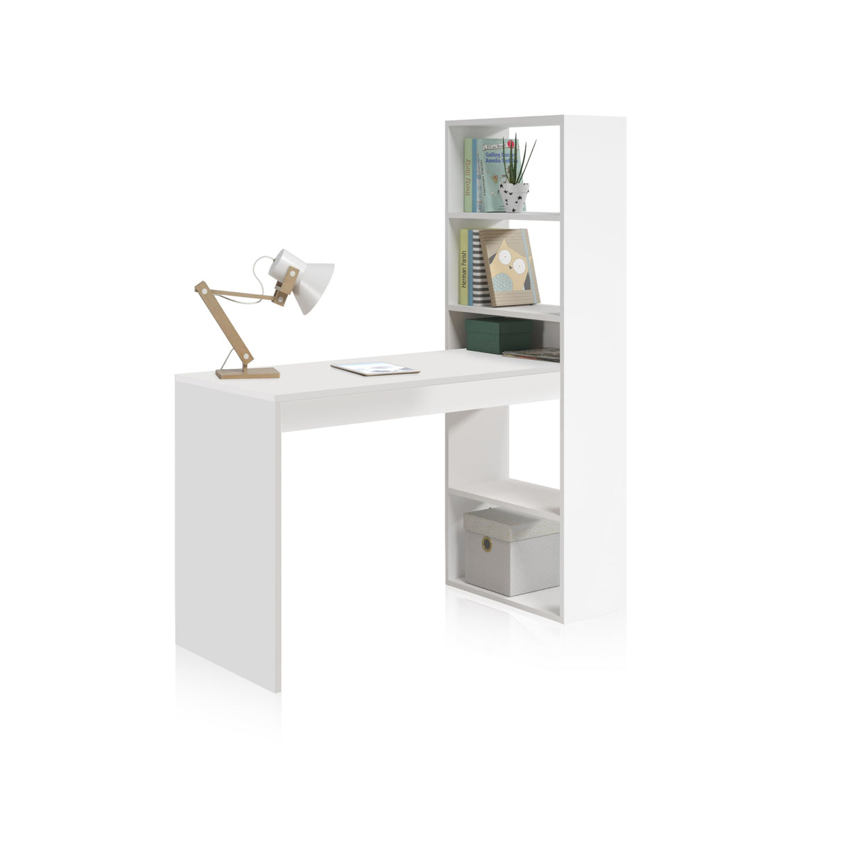 Habitdesign Mesa de Ordenador, Escritorio con Estanteria Reversible, Blanco Artik, Modelo Duplo, Medidas: 120 cm (Ancho) x 53 cm (Fondo) x 144 cm (Alto)