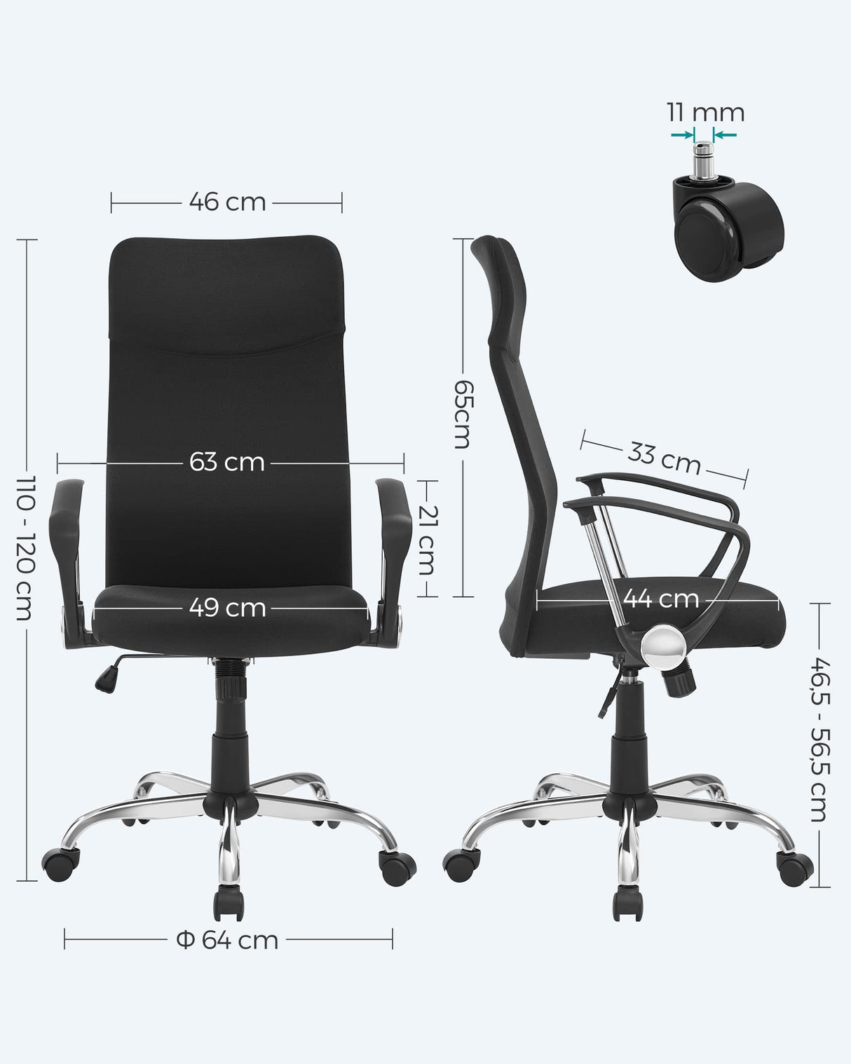 SONGMICS Silla de Oficina, Silla de Escritorio Ergonómica, Silla Giratoria, Asiento Tapizado, Ajustable en Altura e Inclinable, Carga de 120 kg, Negro Tinta OBN034B01