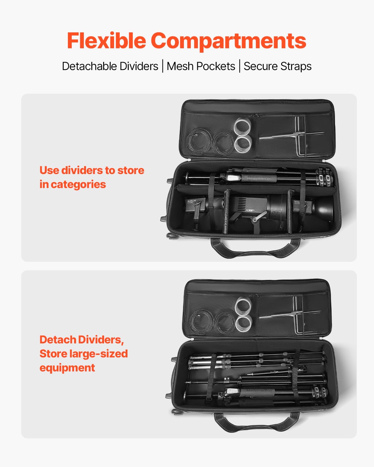 VEVOR Estuche con Ruedas para Equipo de Estudio 91 x 30 x 35,5 cm, Bolsa con Ruedas para Cámara, Correas, Asa Acolchada en el Compartimento para Soportes de Iluminación, Trípodes y Telescopios, Negro