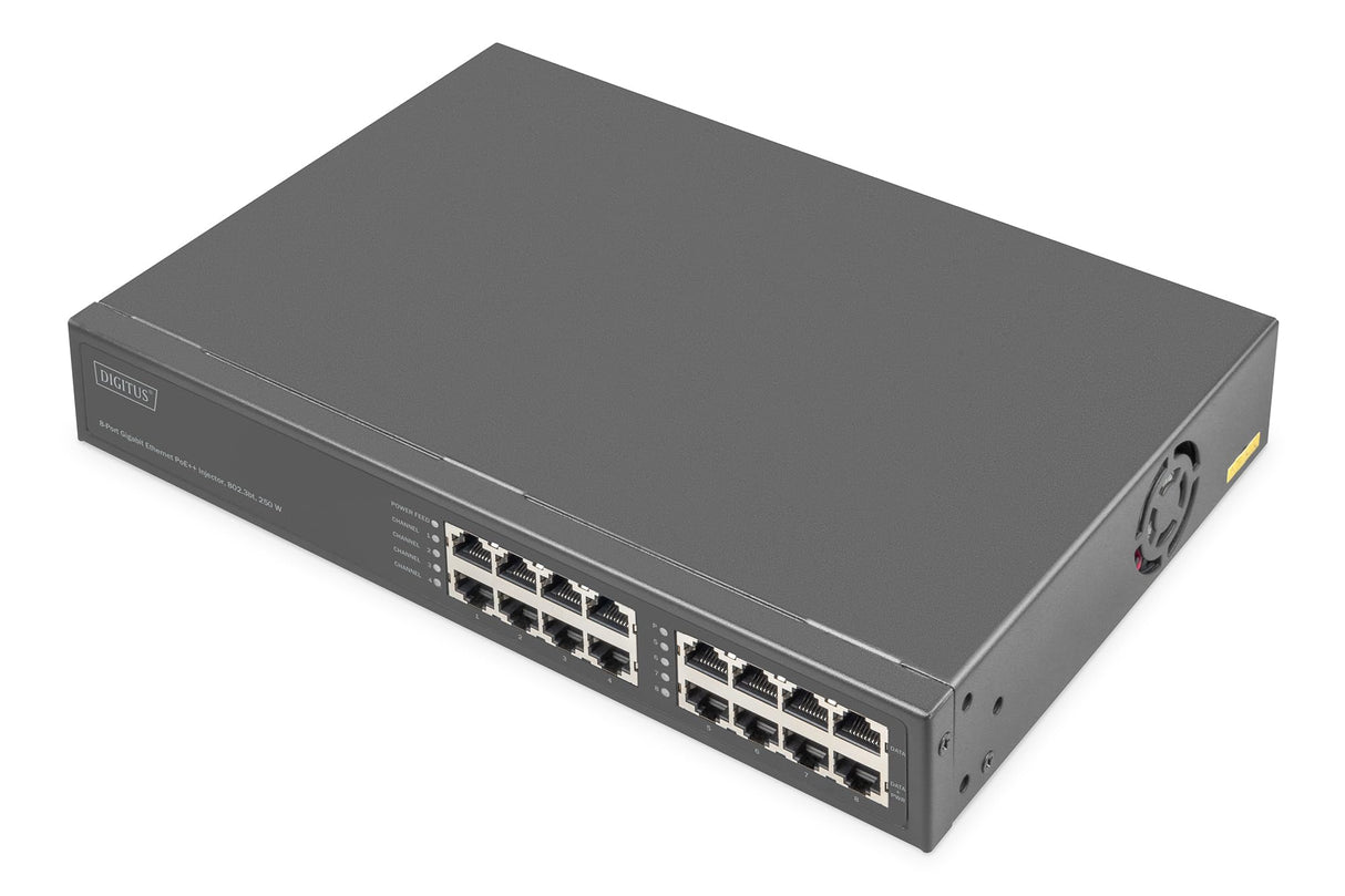 DIGITUS Inyector PoE+ - 8 Puertos RJ45 - Gigabit - IEEE802.3bt - presupuesto PoE 250W - tensión de Salida 54VDC - 10/100/1000 Mbit/s - Alcance 100m - Plug & Play - Negro