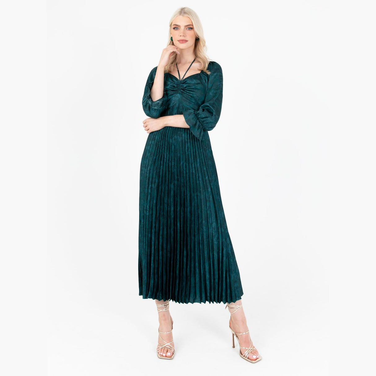 Lovedrobe Women's Midaxi Dress Ladies Emerald Green Pleated Empire A-Line High Waist Tie Neck Wedding Guest Cocktail Evening Prom, Vestido,