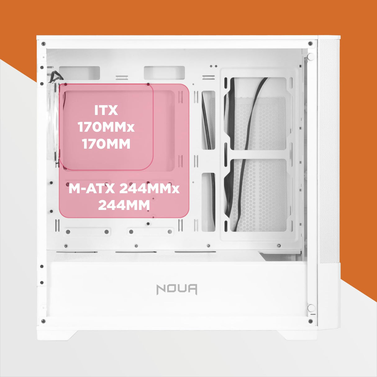 Noua Fobia L111 Blanco Micro ATX para PC Gaming Mini Tower 0.60MM SPCC Ventilador LED ARGB Direccionable Frontal Malla y Panel Lateral de Vidrio Templado Cierre Magnético