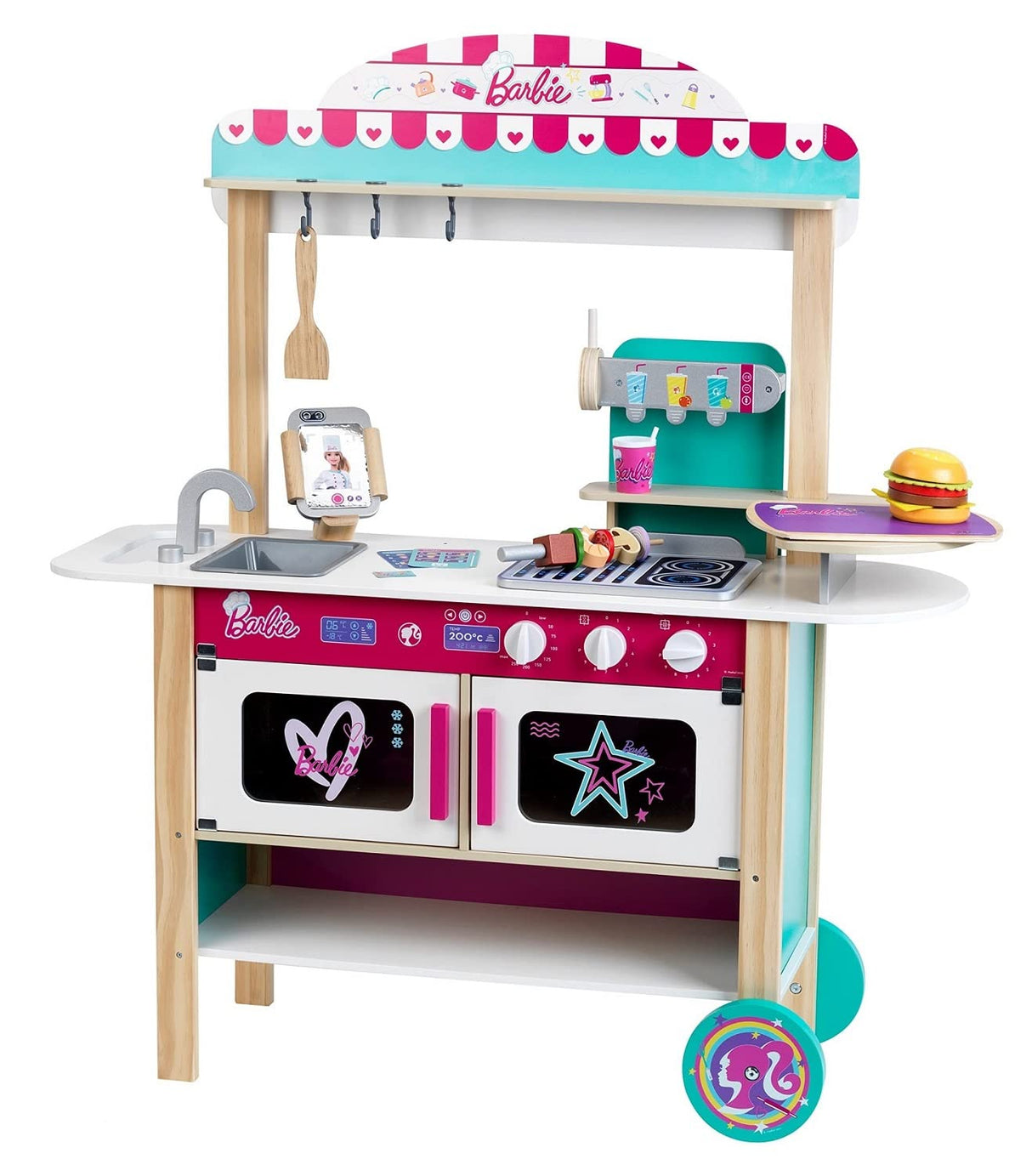 Theo Klein 7329 Cocina de Madera, Barbie Restaurante Tipo bistró, Madera (MDF), con Accesorios de bistró incluidos, Dimensiones: 94 cm x 32 cm x 106 cm, Juguete para niños a Partir de Tres años
