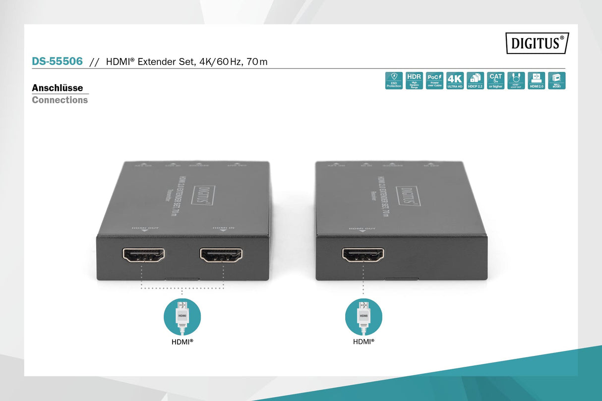 DIGITUS DS-55506 Extensor HDMI - UHD 4K 30 Hz - 70 m Mediante Cable LAN - Set: Transmisor y Receptor - Loop-out, IR Infrarrojos - HDMI 2.0 & HDCP 2.2/1.4