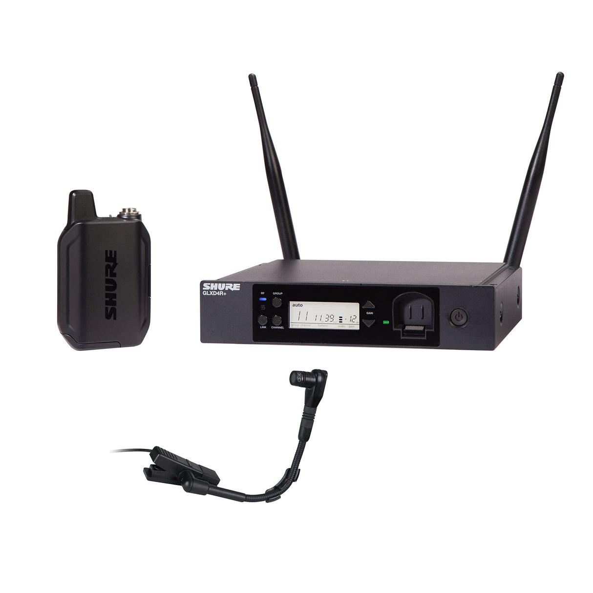 Micrófono inalámbrico Shure GLXD14R+/B98 para Metales, Viento Madera y percusión con batería de 12 Horas y Alcance de 30m. Incluye micrófono de Instrumento con Clip y Receptor de un Solo Canal.