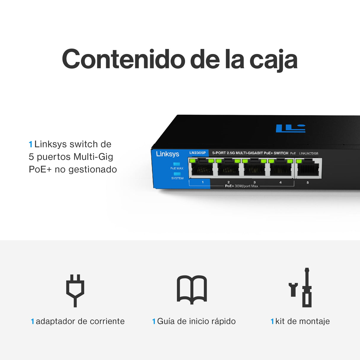 Switch PoE+ multigigabit Linksys no administrado de 5 Puertos y 2,5 G | Ethernet bajo Consumo | Control dúplex Completo | Oficinas pequeñas y domésticas | Sin Ventilador y metálico | PoE+ de 60 W
