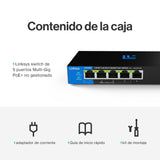 Switch PoE+ multigigabit Linksys no administrado de 5 Puertos y 2,5 G | Ethernet bajo Consumo | Control dúplex Completo | Oficinas pequeñas y domésticas | Sin Ventilador y metálico | PoE+ de 60 W