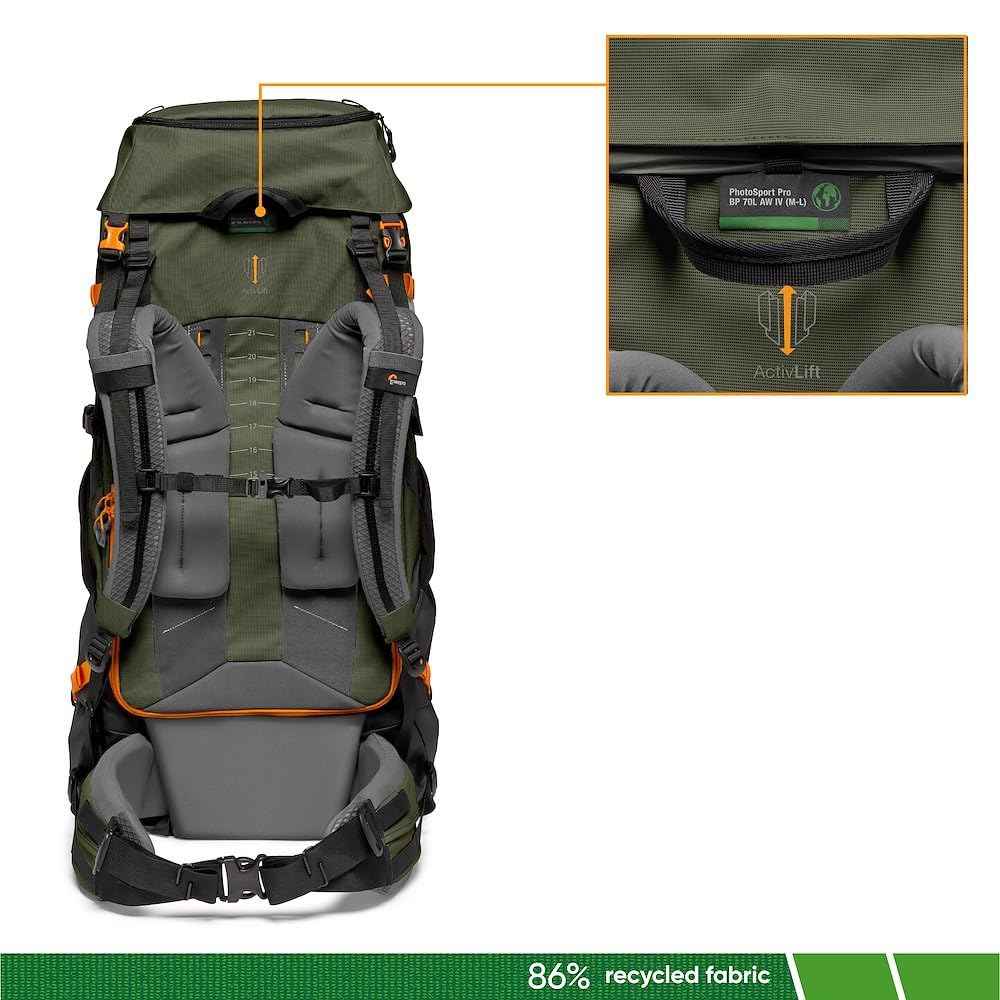 Lowepro PhotoSport PRO BP 70L AW IV - Mochila para cámaras réflex sin espejo, acceso delantero/trasero, compartimento extraíble para cámara, correas de accesorios, talla M/L, gris oscuro/verde