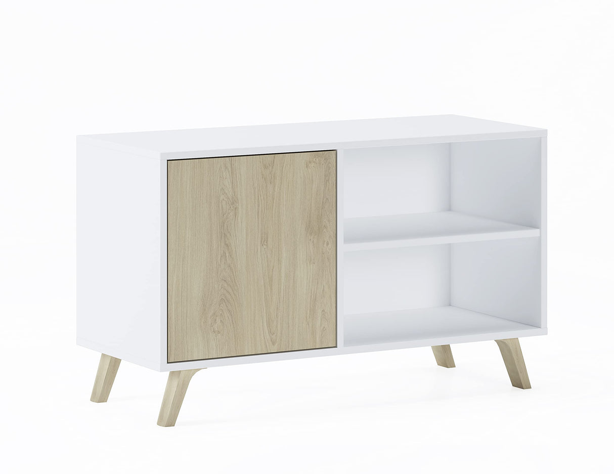 Skraut Home | Mueble de TV para Salón | 57 x 95 x 40 cm | Indicado para TV de 32/40" | Modelo Wind 100 | Blanco Mate/Roble