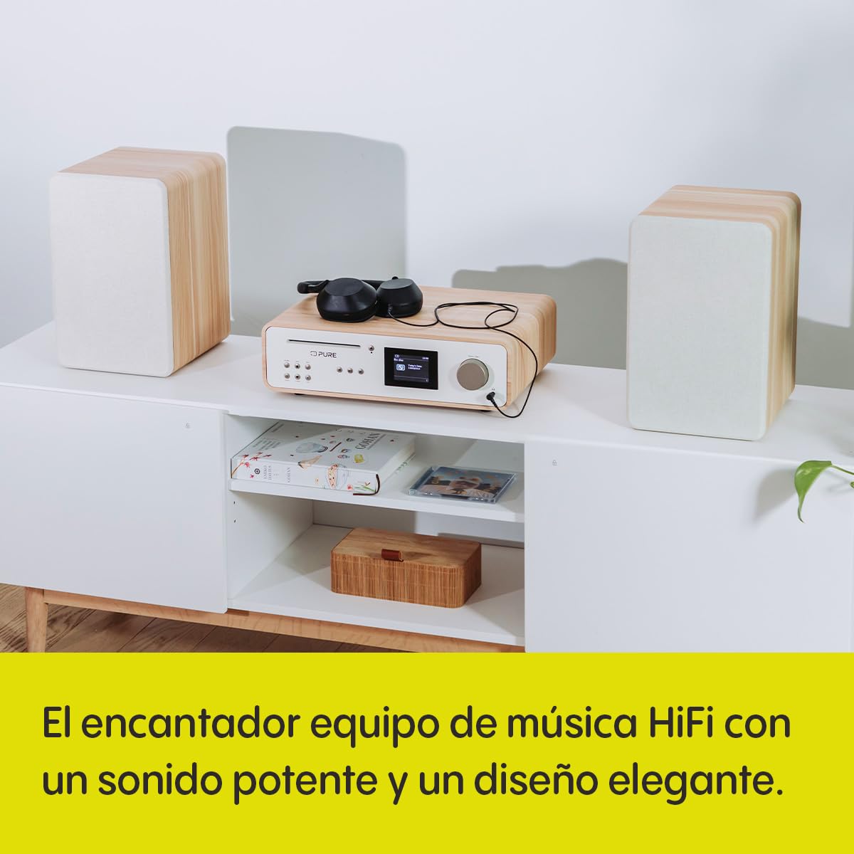 Pure Sistema de música HiFi Pure Classic Stereo, Sistema Compacto (100 W de Sonido, Radio por Internet, Dab+/FM, Bluetooth, Reproductor de CD, USB y Spotify Connect), Blanco algodón/Roble