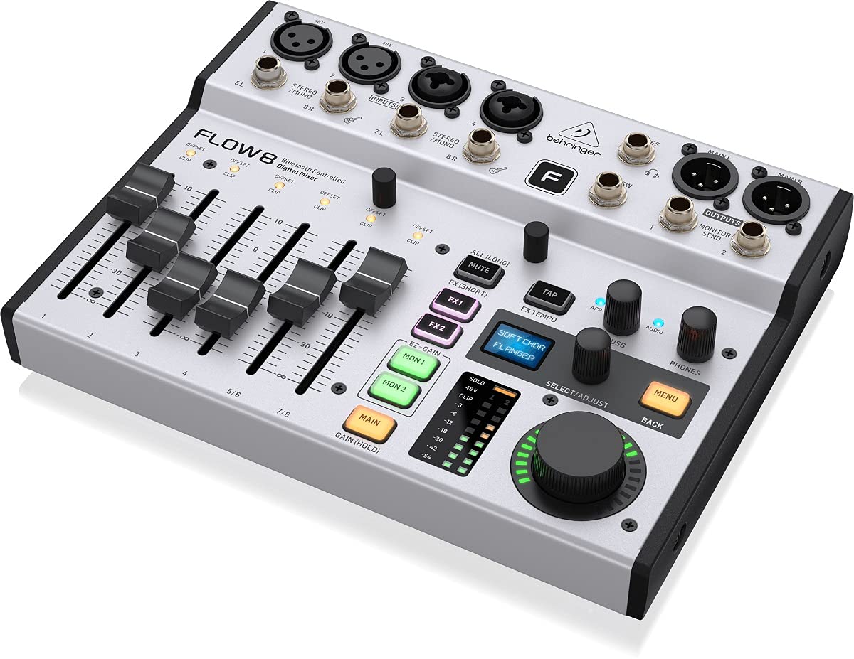 Behringer FLOW 8 Mezclador Digital De 8 Entradas Con Control De Audio Y De Aplicaciones Por Bluetooth, Faders De Canal De 60 Mm, 2 Procesadores De Efectos Y Una Interfaz USB/De Audio