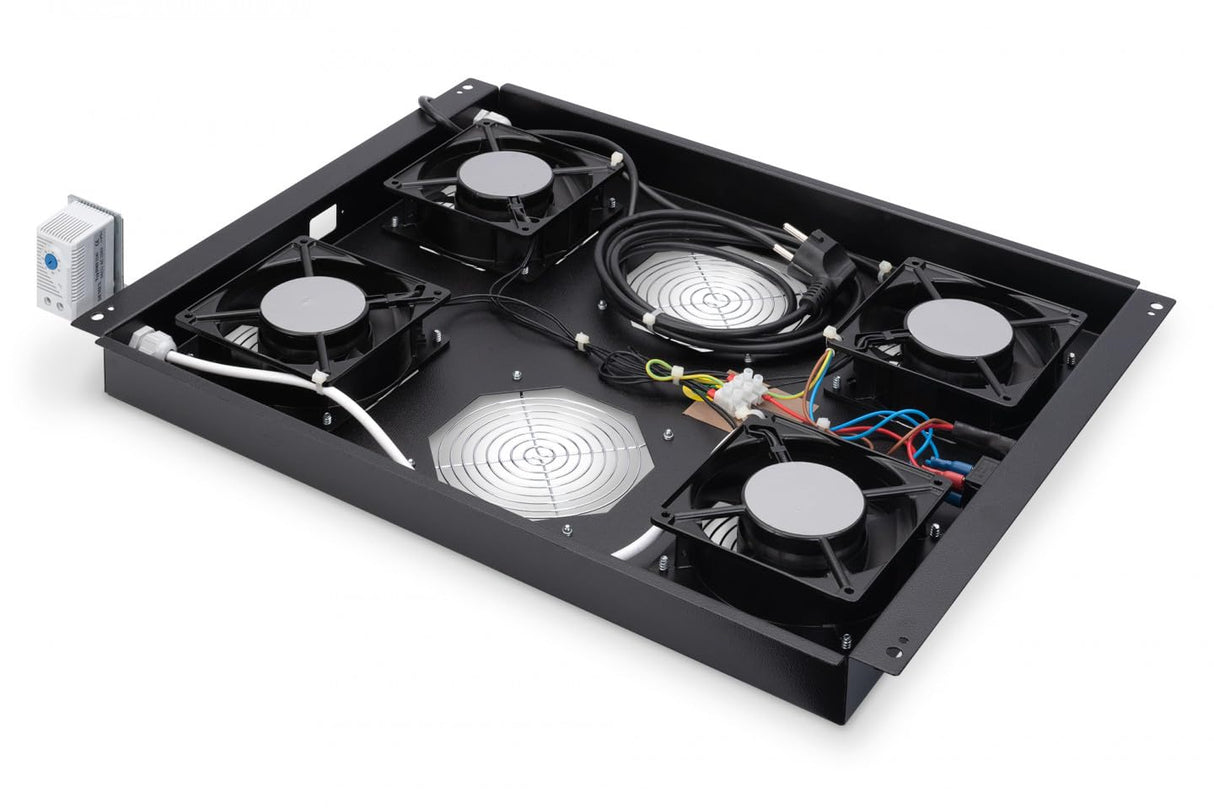 DIGITUS Unidad de ventilador de techo para armario de servidores de la serie Unique, 4x ventilador, termostato, negro (RAL 9005)