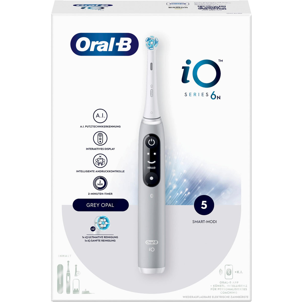 Oral-B iO Series 6 - Cepillo de dientes eléctrico, 2 cabezales de cepillo, 5 modos de cepillado para el cuidado dental, regalo de San Valentín para él o ella, pantalla y estuche de viaje, diseñado por