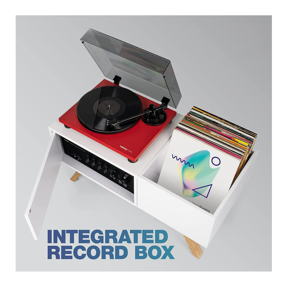 Glorious Turntable Lowboard - tablero bajo de alta calidad en diseño retro de los 60, espacio de almacenamiento para un tocadiscos y mucho espacio para los discos, blanco