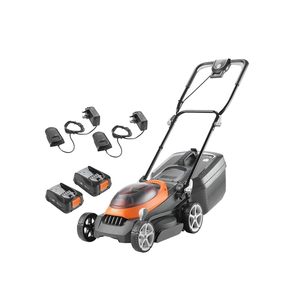 Flymo UltraStore 340R Li batería cortacésped Kit 36 V, 34 cm de Ancho de Corte, Corte de Borde cercano, Rodillo Trasero, 35 L, Agarre cómodo, Power 4 All Battery Alliance, 970538701, Naranja y Gris