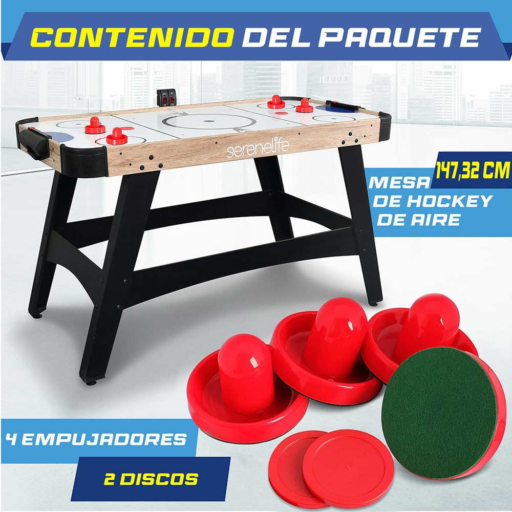 Serenelife mesa de hockey de aire de 58”, Motor dos veces mas fuerte, Marcador de puntos LED digital, Dispensador de discos