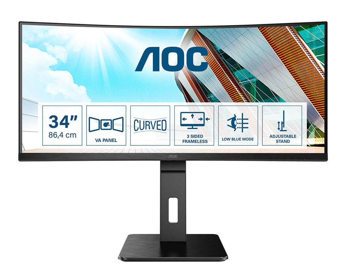 AOC CU34P3CV Monitor 34 Pulgadas UWQHD Curvo, 100Hz, VA, 1 MPRT, Altura Ajustable, Altavoces (3440x1440, 1x HDMI 2.0, 1x DP 1.4, USB-Hub), Negro