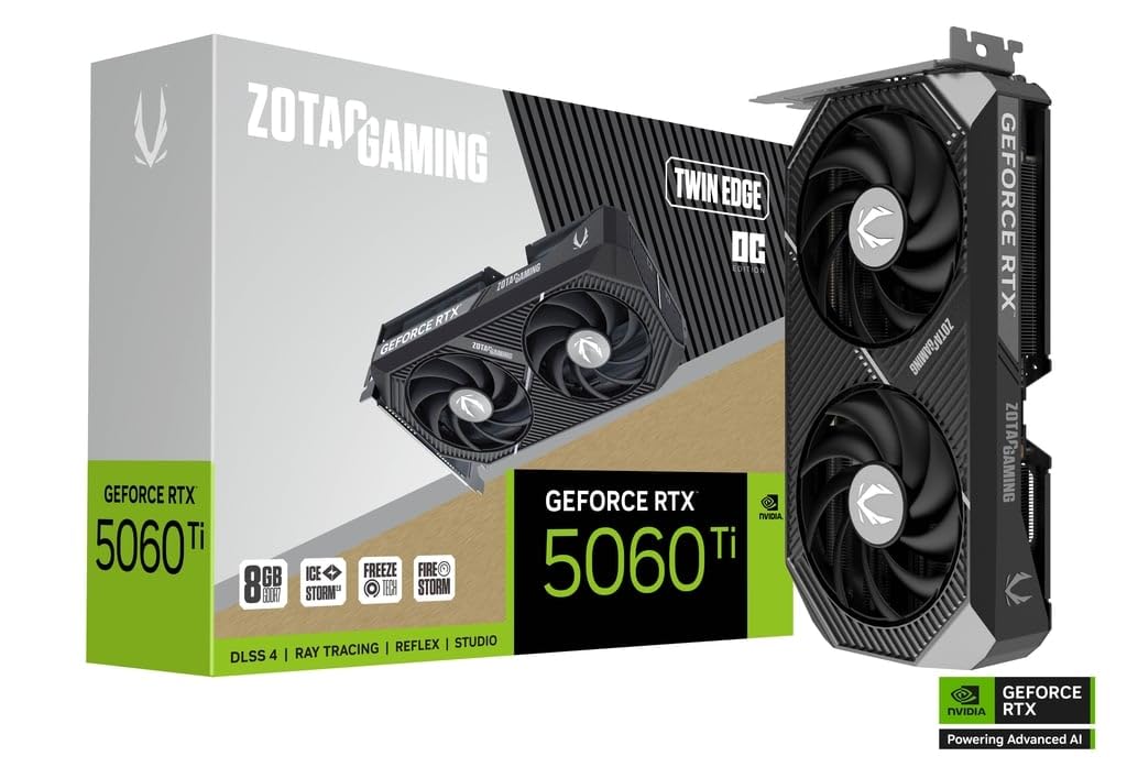 ZOTAC Gaming GeForce RTX 5060 Ti 8GB Twin Edge OC DLSS 4 8GB GDDR7 128-bit 28 Gbps PCIE 5.0 Tarjeta gráfica para Juegos, refrigeración IceStorm 2.0, Listo para SFF, ZT-B50610H-10M