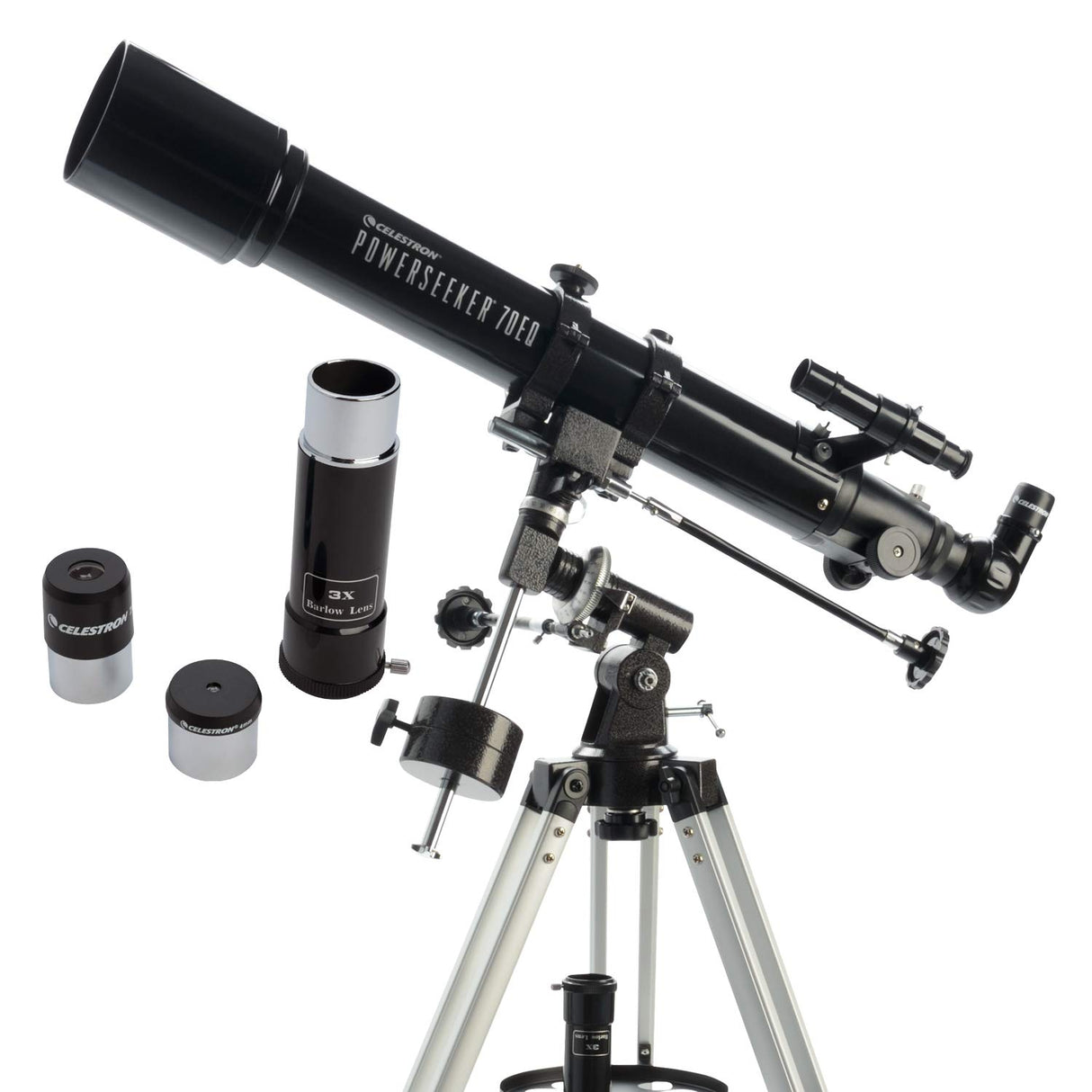 Celestron 21037 PowerSeeker 70EQ Telescopio refractor : incluye dos oculares, diagonal de imagen recta, lente Barlow de 3 aumentos, trípode ajustable en altura y bandeja de accesorios de lujo, negro