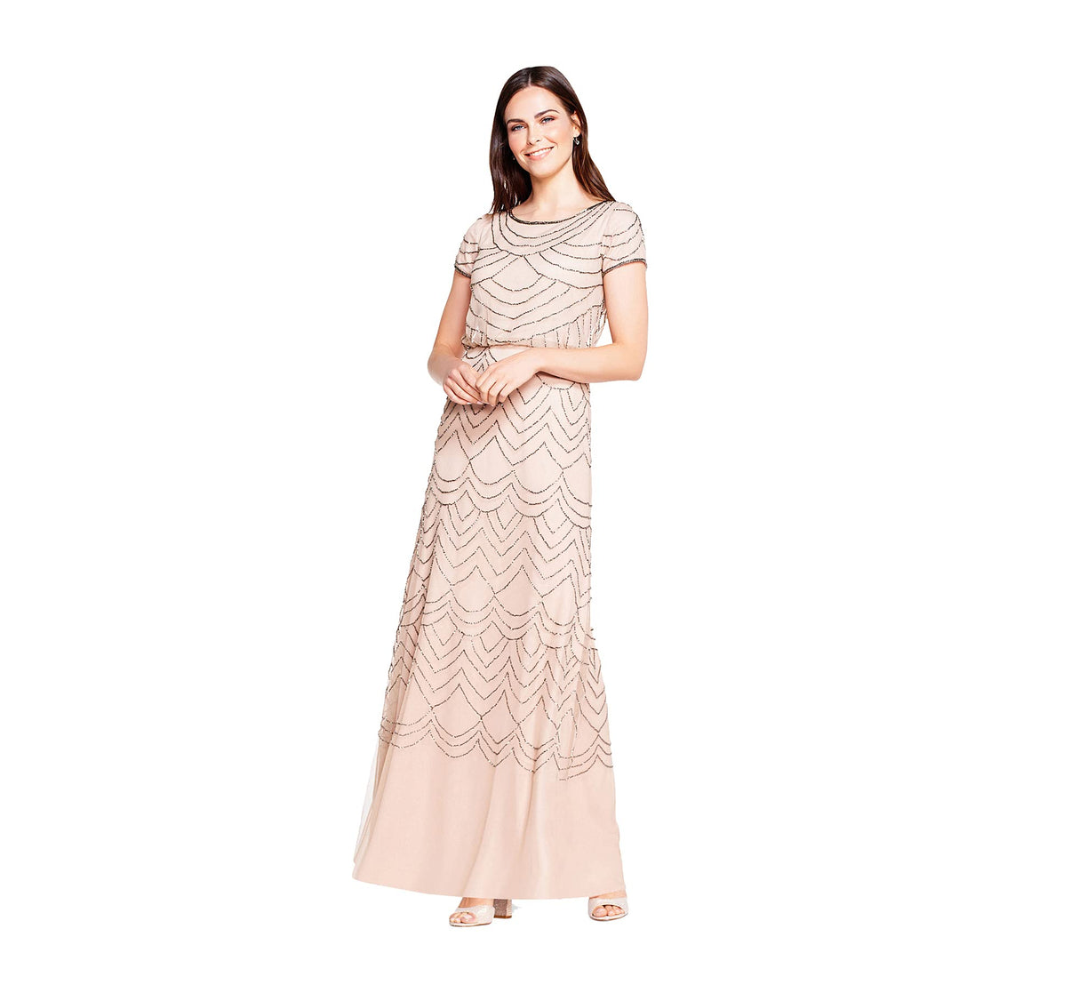 Adrianna Papell Women's Short Sleeve Blouson Beaded Gown, Taupe/Pink, 14